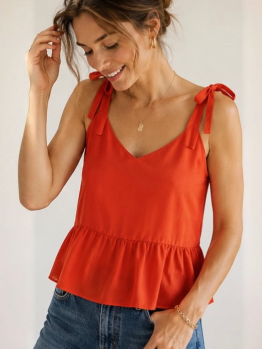 J.Crew 100% Silk Peplum Tank Red Orange Tie Strap Ruffle Top Size 6